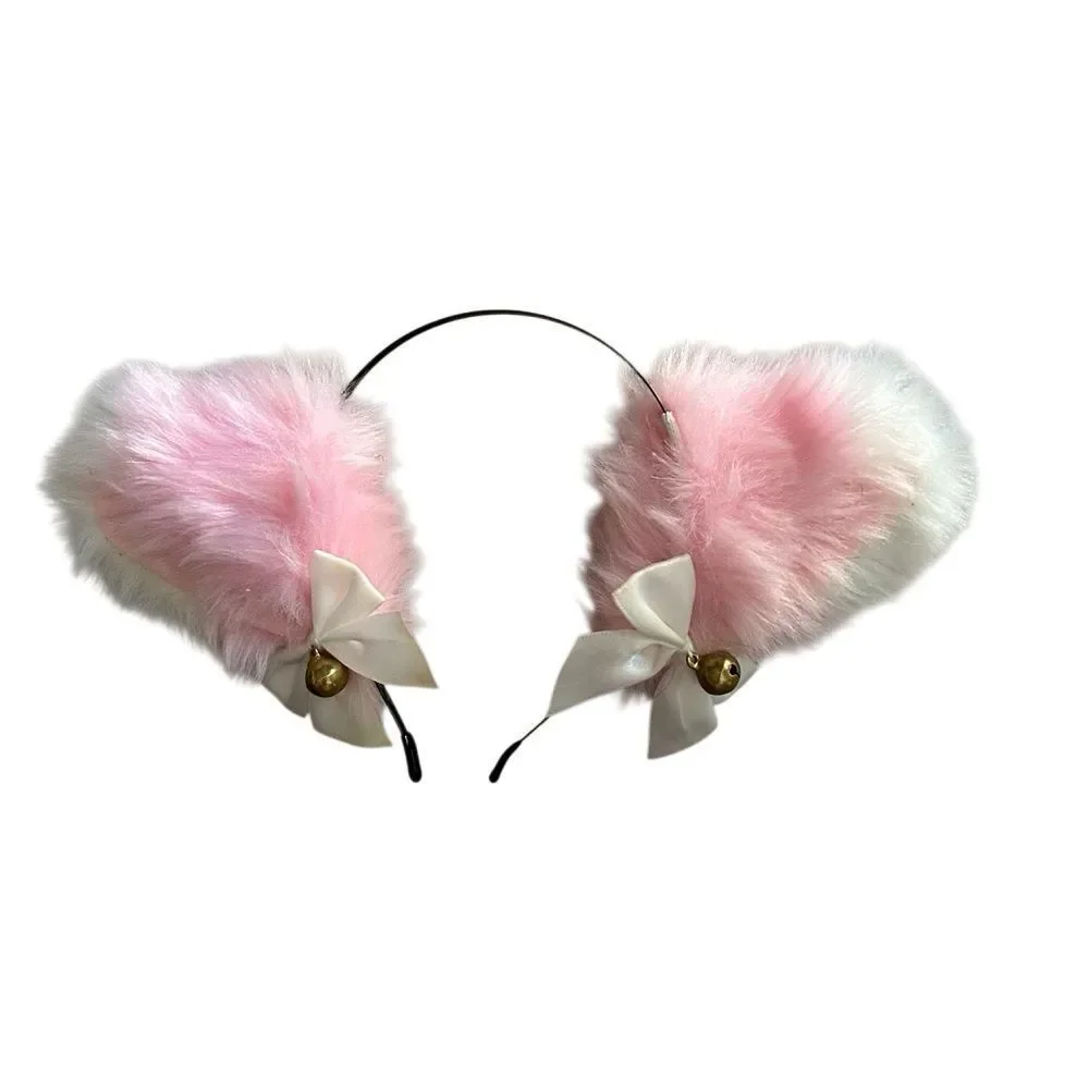 Cat Ears Fox Headband Cosplay Fluffy Ribbon Bell Furry Faux Fur Halloween pink